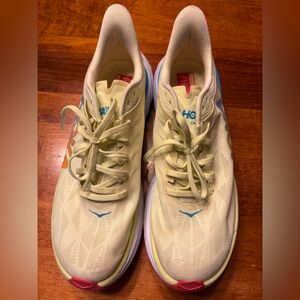 Hoka One One Light Yellow Sneakers with Blue and Orange Accents